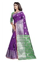 Mahadev Enterprise Purple And Green Cotton Silk Silver Jacquard Saree With Running Blouse Pic