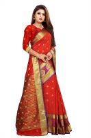 Mahadev Enterprise Red Jacquard Cotton Silk Saree With Running Blouse Pics