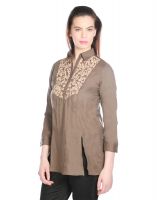 Opus Burnt Olive Cambric Cotton Partywear Embroidered Fusion Wear Women's Kurti (code - Sh_014_gry)