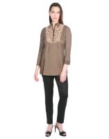 Opus Burnt Olive Cambric Cotton Partywear Embroidered Fusion Wear Women'S Kurti