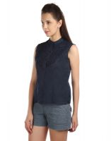 Opus 100% Cotton Sleeveless Embroidered Blue Women'S Shirt