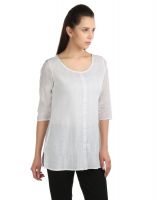 Opus 100% Cotton 3/4 Sleeve Self Design White Women'S Kurti