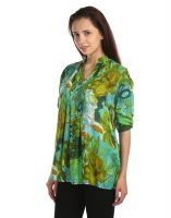 Opus Printed Modal Roll-Up Sleeve Floral Print Green Women'S Top