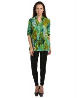 Opus Printed Modal Roll-Up Sleeve Floral Print Green Women'S Top
