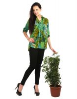 Opus Printed Modal Roll-Up Sleeve Floral Print Green Women'S Top