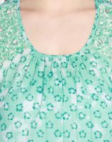 Opus Sea Green Cotton Party Embellished Fusion Wear Women'S Top