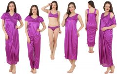 Fasense Women's Satin 6 PCs Nighty, WrapGown,Top,Pyjama,Bra & Thong GT001 A