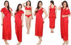Fasense Women's Satin 6 PCs Nighty, WrapGown,Top,Pyjama,Bra & Thong GT001 E