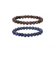 Pair Of Red Tiger Eye Stone And Lapis Lazuli 8 Mm Stretch Bracelets - ( Code - REDTGRLAPBR )