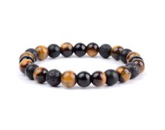 Tiger Eye Crystal & Lava Rock Beads Volcanic Beads And Black Onyx 8 Mm Stretch Bracelet For Protection - Code ( TGRLAVABLKBR )