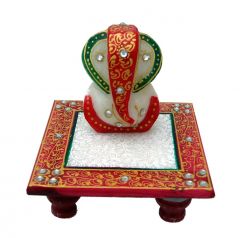 Green And Red Marble Chowki Ganesh - Handicrafts