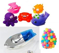 Kuhu Creations Explorer Tin Toy Boat 1pc, Bath Toys 5pcs & Colorful Ping Pong Style Ball 24pcs Baby Swimming & Sounding Bath Toys