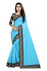Mahadev Enterprises Turquoise Chanderi Cotton Saree With Running Blouse Pics ( Code - BBC135C)