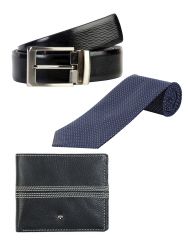 JL Collections 6 Card Slots Navy Blue Men's Leather Wallet with Tie & Belt (Pack of 3)