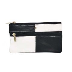 JL Collections Black and White Genuine Leather Rectangle Shape Coin and Key Pouch (Code - JL_3446)