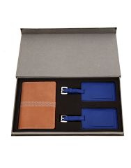 JL Collections Beige Leather Passport Holder with Blue Luggage Tag Gift Sets (Pack of 3)