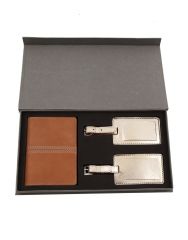 JL Collections Beige Leather Passport Holder with Gold Luggage Tag Gift Sets (Pack of 3)