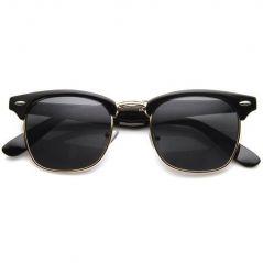 Vintage Hollywood Half Frame Classic Wayfarer Style Sunglasses Black Gold Frame W/ Black Lens