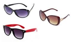 Set Of 3 Womens Sunglasses- Black Oval , Red Wayfarers And Brown Designer