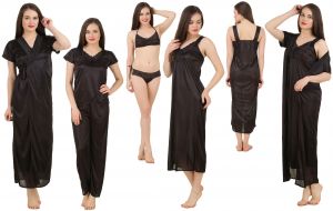 platinum,port,mahi,ag,avsar,la intimo,fasense,oviya Women's Clothing - Fasense Women's Satin 6 PCs Nighty, WrapGown,Top,Pyjama,Bra & Thong GT001 B