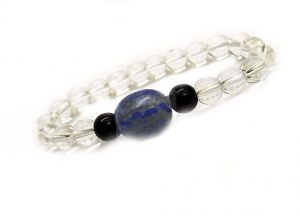 Jewellery - Natural Lapis Lazuli Tumble Black Onyx And Clear Quartz Stretch Crystal Bracelet - Code ( LAPTBLCLRBLKBR )