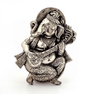 Idols & Decoratives - Vivan Creation Oxidized White Metal Lord Ganesha Sitar Idol 312