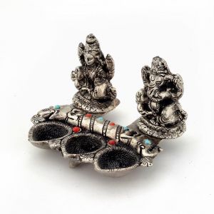 Home Decor & Furnishing - Vivan Creation White Metal Lord Laxmi Ganeshas With Diya Set 316