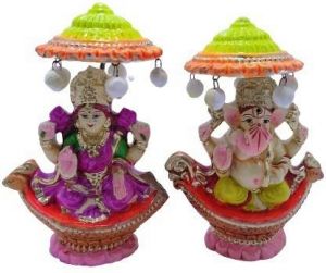 Idols & Decoratives - Terracotta Clay ganesh laxmi idol in multi colour