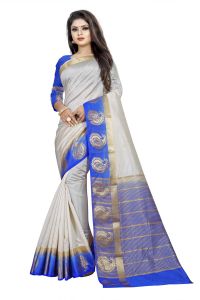 Silk Sarees - Mahadev Enterprise White And Blue Kanjiwaram Silk Saree With Running Blouse Pics ( Code -BBC138A)
