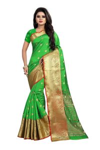 Sarees - Mahadev Enterprises Perot Green Cotton Silk Jequard Border Weaving Saree With Running Blouse Pics ( Code - BBC115B )