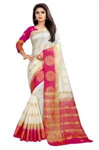 Silk Sarees - Mahadev Enterprises White And Pink Kanjiwaram Silk Saree With Running Blouse Pics ( Code -BBC129B)