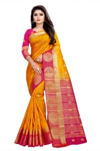 Silk Sarees - Mahadev Enterprises Chiku And Pink Kanjiwaram Silk Saree With Running Blouse Pics ( Code -BBC129D)