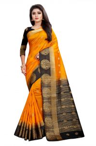 Sarees - Mahadev Enterprises Orange And Black Kanjiwaram Silk Saree With Running Blouse Pics ( Code -BBC129E)