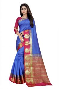 Silk Sarees - Mahadev Enterprise Blue And Pink Kanjiwaram Silk Saree With Running Blouse Pics ( Code -BBC138C)