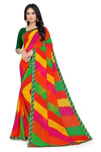 Laces, Fabrics, Trims - Mahadev Enterprise Multicolor Georgette Leheriya Print Saree With Art Silk Blouse Piece(DC256GREEN)