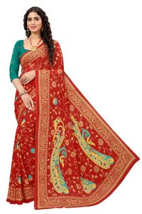 Laces, Fabrics, Trims - Mahadev Enterprise Printed Georgette Saree With Running Blouse Piece (DC217RED)