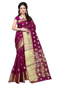 Apparels & Accessories - Mahadev Enterprises Wine Cotton Jacquard Butty Saree With Blouse RJM1129B