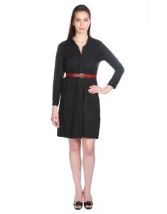 Western Dresses - OPUS Black Solid Cotton Fusion Wear Women's Dress (Code - DR_025_BK)