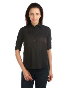 Shirts (Women's) - OPUS Roll-up Sleeve 100% Cotton Formal Black Women's Shirt (Code - SH_012_BK)