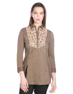 Kurtis - OPUS Burnt Olive Cambric Cotton Partywear Embroidered Fusion Wear Women's Kurti (Code - SH_014_GRY)