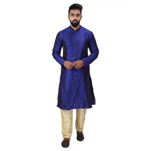 Kurta Sets (Men's) - Angrakha Cotton Silk Regular Fit Self Design Kurta Pajama Set ( Code - Bckuset001)