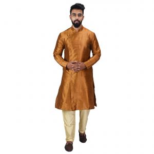 Kurta Sets (Men's) - Angrakha Cotton Silk Regular Fit Self Design Kurta Pajama Set ( Code - Bckuset006)