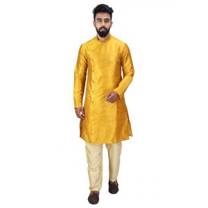 Kurta Sets (Men's) - Angrakha Cotton Silk Regular Fit Self Design Kurta Pajama Set ( Code - Bckuset007)
