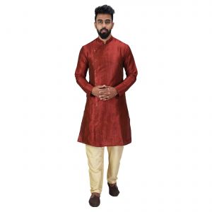 Kurta Sets (Men's) - Angrakha Cotton Silk Regular Fit Self Design Kurta Pajama Set ( Code - Bckuset008)
