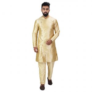 Kurta Sets (Men's) - Angrakha Cotton Silk Regular Fit Self Design Kurta Pajama Set ( Code - Bckuset009)