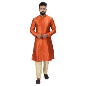 Kurta Sets (Men's) - Angrakha Cotton Silk Regular Fit Self Design Kurta Pajama Set ( Code - Bckuset0010)