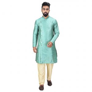 Kurta Sets (Men's) - Angrakha Cotton Silk Regular Fit Self Design Kurta Pajama Set ( Code - Bckuset0011)