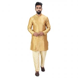 Kurta Sets (Men's) - Angrakha Cotton Silk Regular Fit Self Design Kurta Pajama Set ( Code - Bckuset0012)