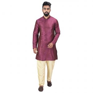 Kurta Sets (Men's) - Angrakha Cotton Silk Regular Fit Self Design Kurta Pajama Set ( Code - Bckuset0013)