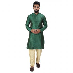 Kurta Sets (Men's) - Angrakha Cotton Silk Regular Fit Self Design Kurta Pajama Set ( Code - Bckuset018)